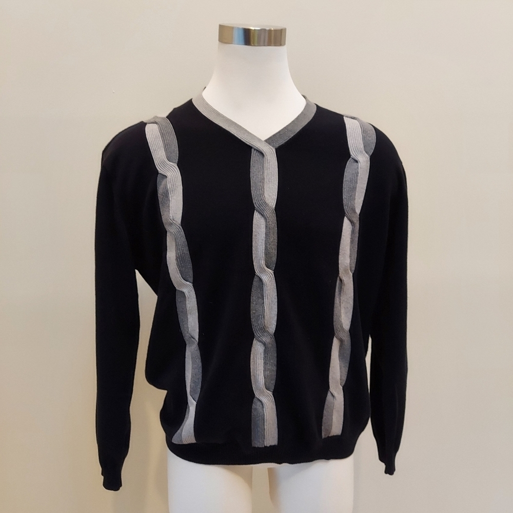 Men's retro cotton pullover Crewneck sweater. Black/White/Gray XXL